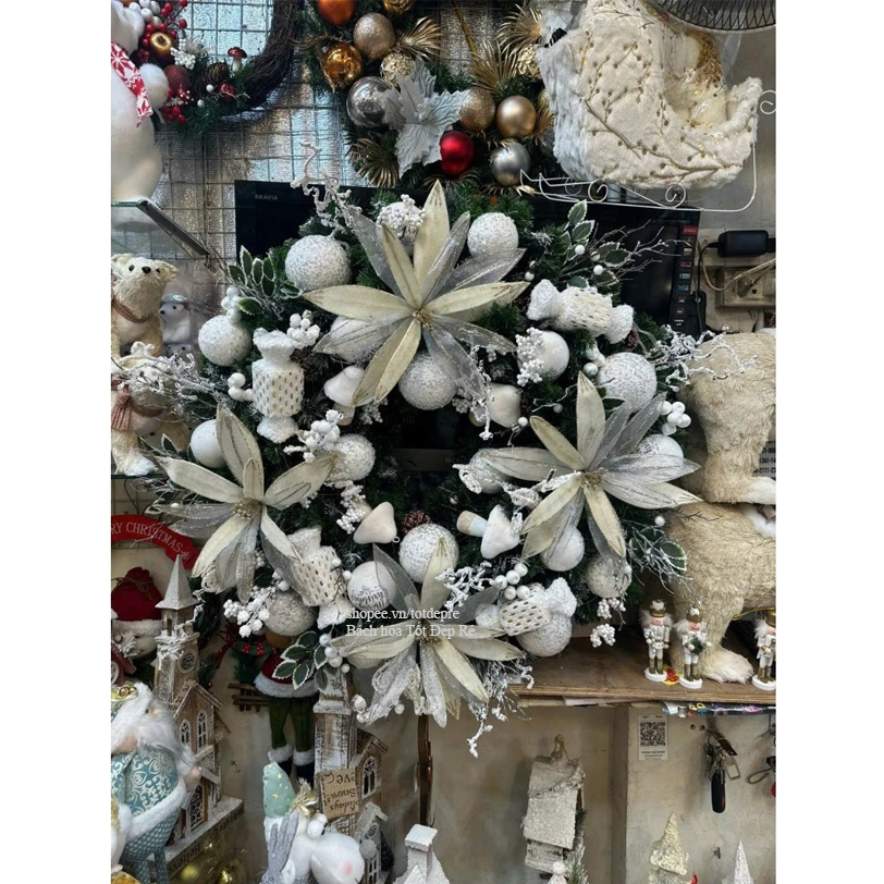 Bông hoa cao cấp cỡ lớn vải nhũ kim tuyến hoa ly, hoa lan trang trí cây thông , dây 2.7 , decor không gian Giáng Sinh