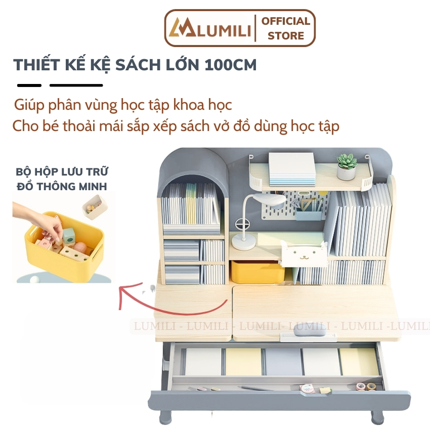 Bàn học chồng gù cao cấp gỗ tự nhiên Lumili S4 size lớn 100cm, nâng hạ độ cao điều chỉnh nghiêng dễ dàng, ngừa cận thị