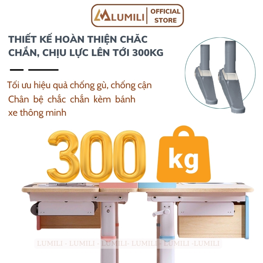 Bàn học chồng gù cao cấp gỗ tự nhiên Lumili S4 size lớn 100cm, nâng hạ độ cao điều chỉnh nghiêng dễ dàng, ngừa cận thị