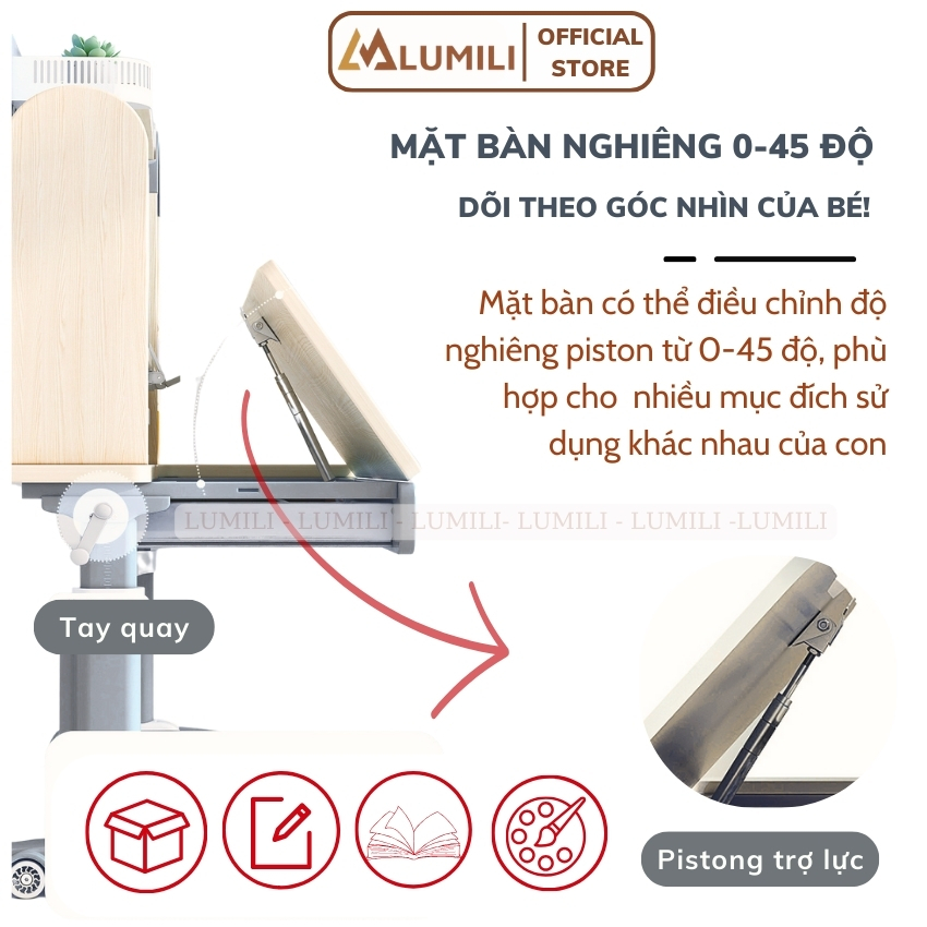 Bàn học chồng gù cao cấp gỗ tự nhiên Lumili S4 size lớn 100cm, nâng hạ độ cao điều chỉnh nghiêng dễ dàng, ngừa cận thị