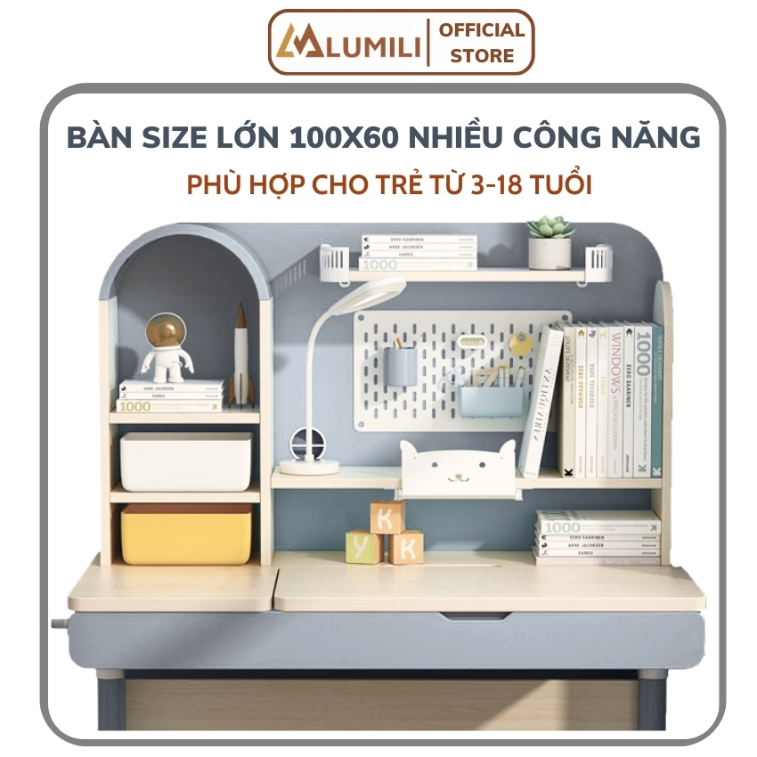 Bàn học chồng gù cao cấp gỗ tự nhiên Lumili S4 size lớn 100cm, nâng hạ độ cao điều chỉnh nghiêng dễ dàng, ngừa cận thị