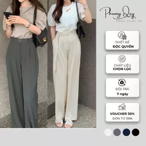 Quần tây suông dài, ống rộng nữ, cạp cao cho nàng công sở, chất liệu trượt hàn với 4 màu sắc cơ bản