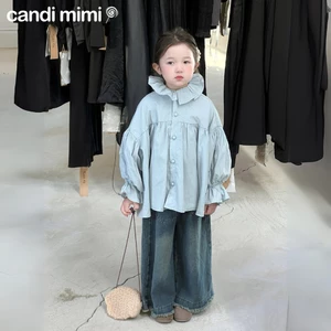 CANDIMIMI Áo babydoll xanh dài tay cách điệu tiểu thư - Phong cách Hàn Quốc
