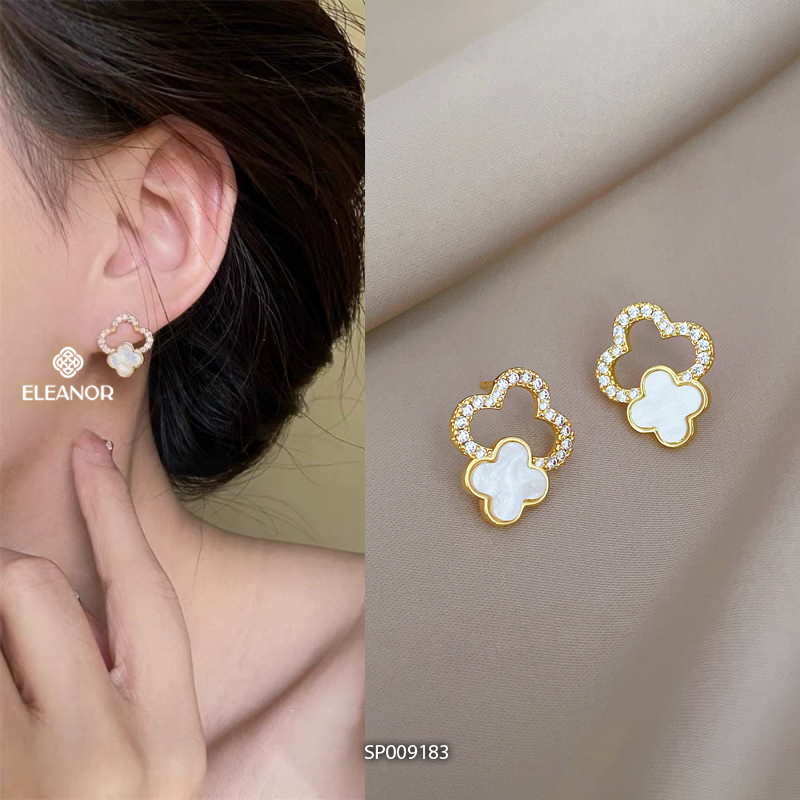Bông tai nữ chuôi bạc 925 Eleanor Accessories cỏ 4 lá đính đá phụ kiện trang sức khuyên tai 9183