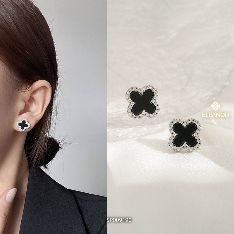 Bông tai nữ chuôi bạc 925 Eleanor Accessories cỏ 4 lá đính đá phụ kiện trang sức khuyên tai 9183