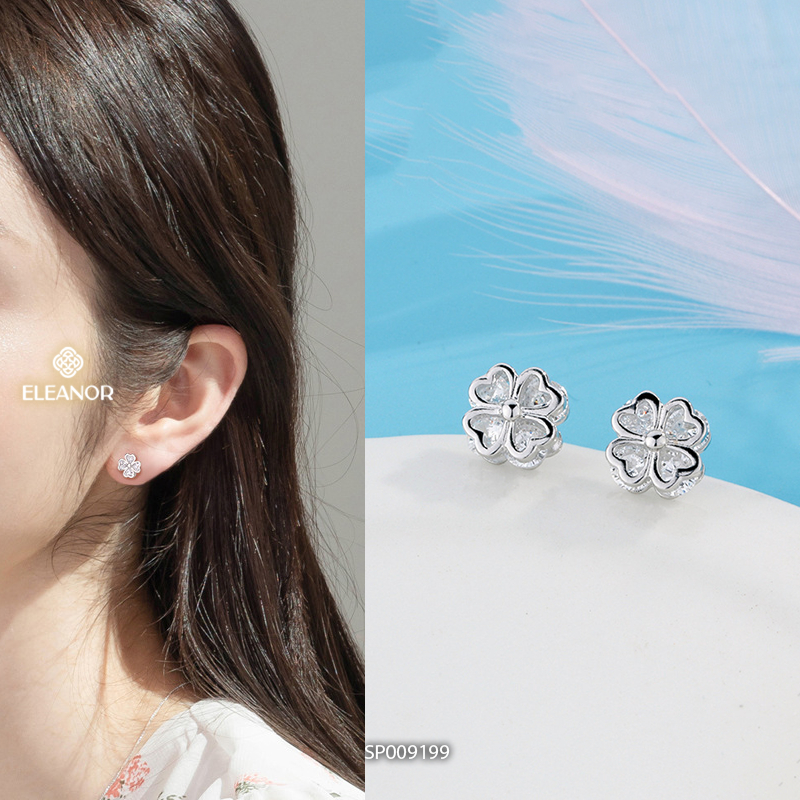 Bông tai nữ chuôi bạc 925 Eleanor Accessories cỏ 4 lá đính đá phụ kiện trang sức khuyên tai 9183