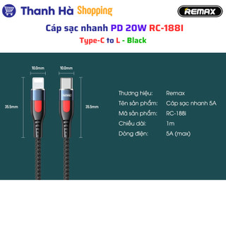 Cáp sạc REMAX Lesu Pro PD20W RC-188I (Type-C to L) - Hợp kim nhôm - Dây dù - PD 20W - 1m - Black