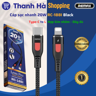 Cáp sạc REMAX Lesu Pro PD20W RC-188I (Type-C to L) - Hợp kim nhôm - Dây dù - PD 20W - 1m - Black