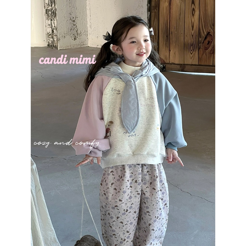 CANDIMIMI Áo hoodie cotton tay 2 màu - Phong cách Hàn Quốc