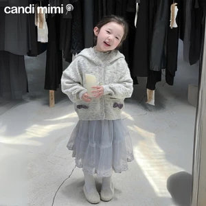 CANDIMIMI Áo khoác len có mũ sợi cao cấp đính nơ - Phong cách Hàn Quốc