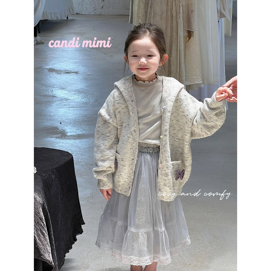 CANDIMIMI Áo khoác len có mũ sợi cao cấp đính nơ - Phong cách Hàn Quốc