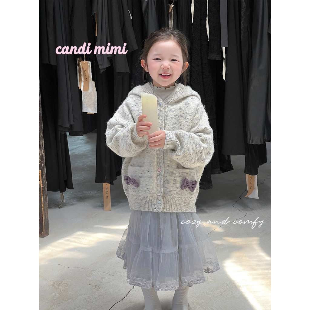 CANDIMIMI Áo khoác len có mũ sợi cao cấp đính nơ - Phong cách Hàn Quốc