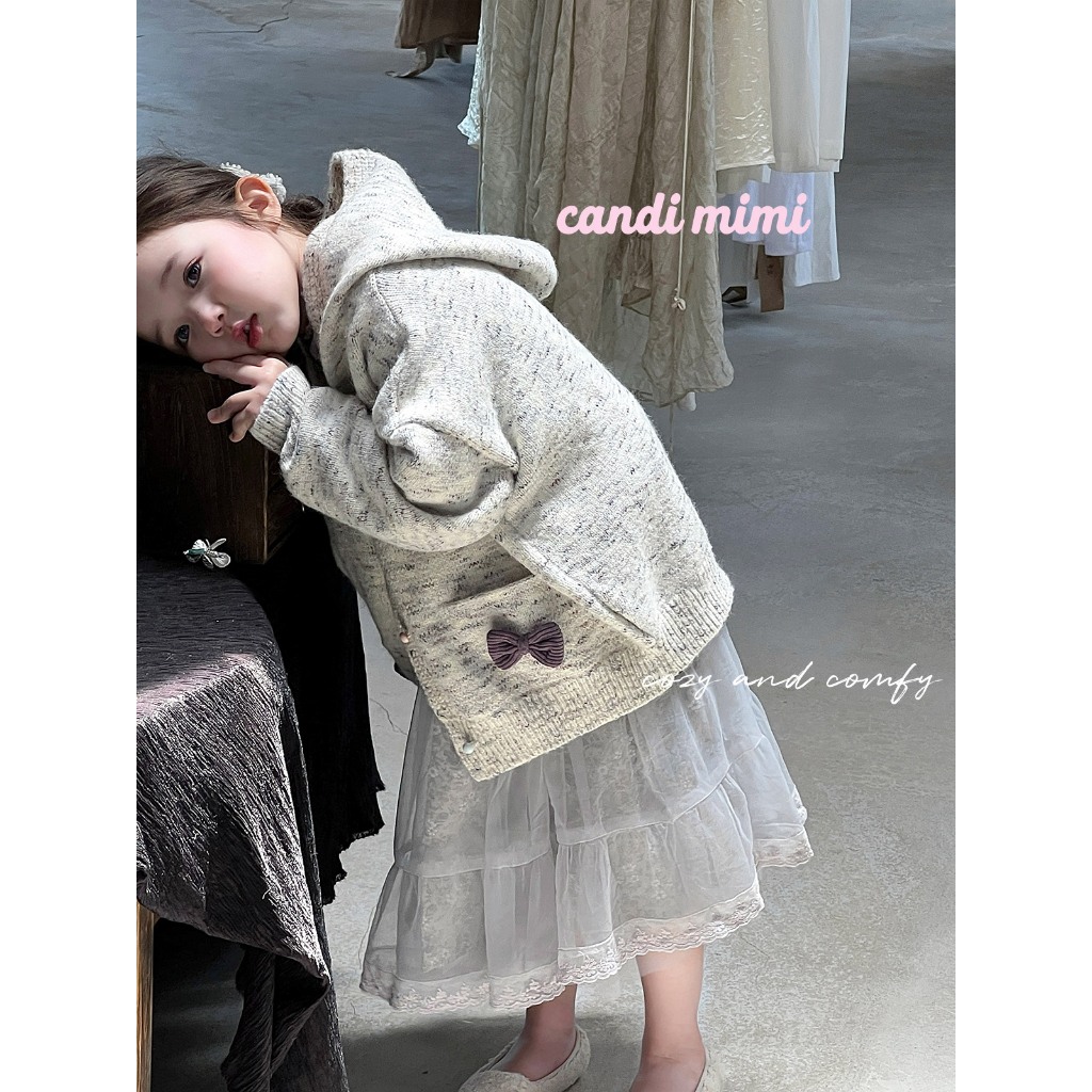 CANDIMIMI Áo khoác len có mũ sợi cao cấp đính nơ - Phong cách Hàn Quốc