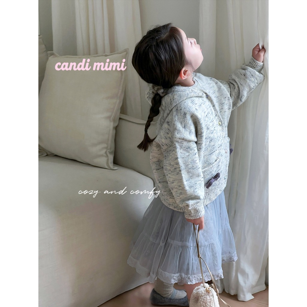 CANDIMIMI Áo khoác len có mũ sợi cao cấp đính nơ - Phong cách Hàn Quốc