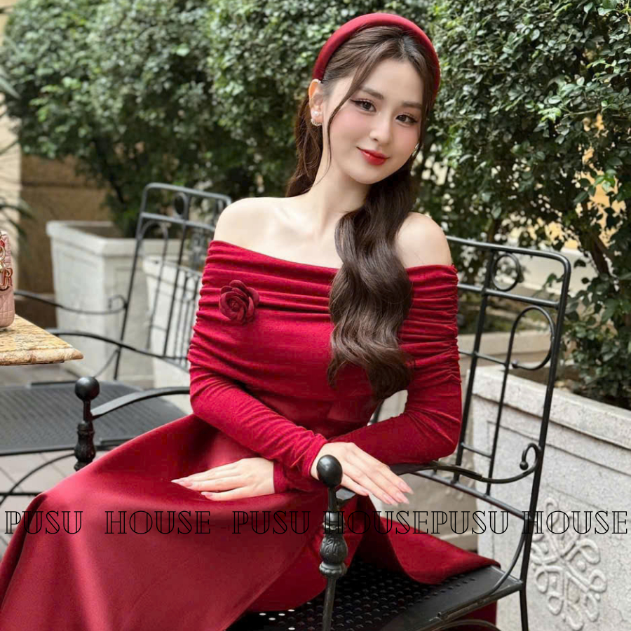 Set Áo Dài Cách Tân Trễ Vai Tay Dài Thun Ánh Kim Đỏ Đô SAng Trọng KÈM TAG Mặc Tết-PUSU HOUSE