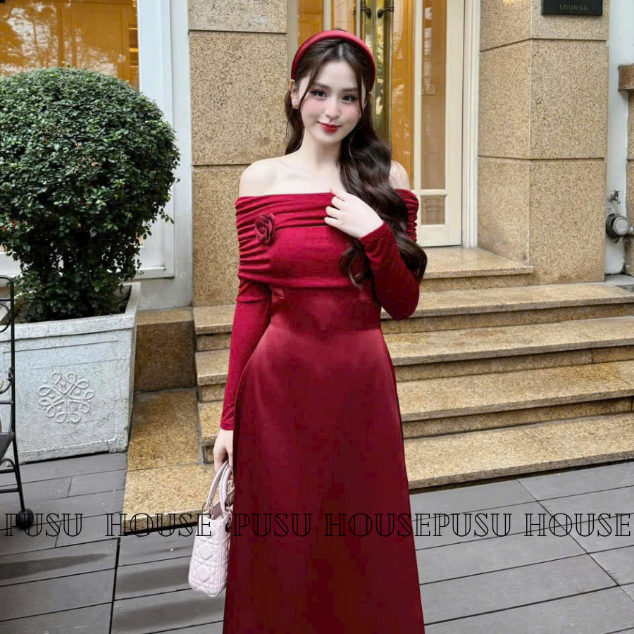Set Áo Dài Cách Tân Trễ Vai Tay Dài Thun Ánh Kim Đỏ Đô SAng Trọng KÈM TAG Mặc Tết-PUSU HOUSE