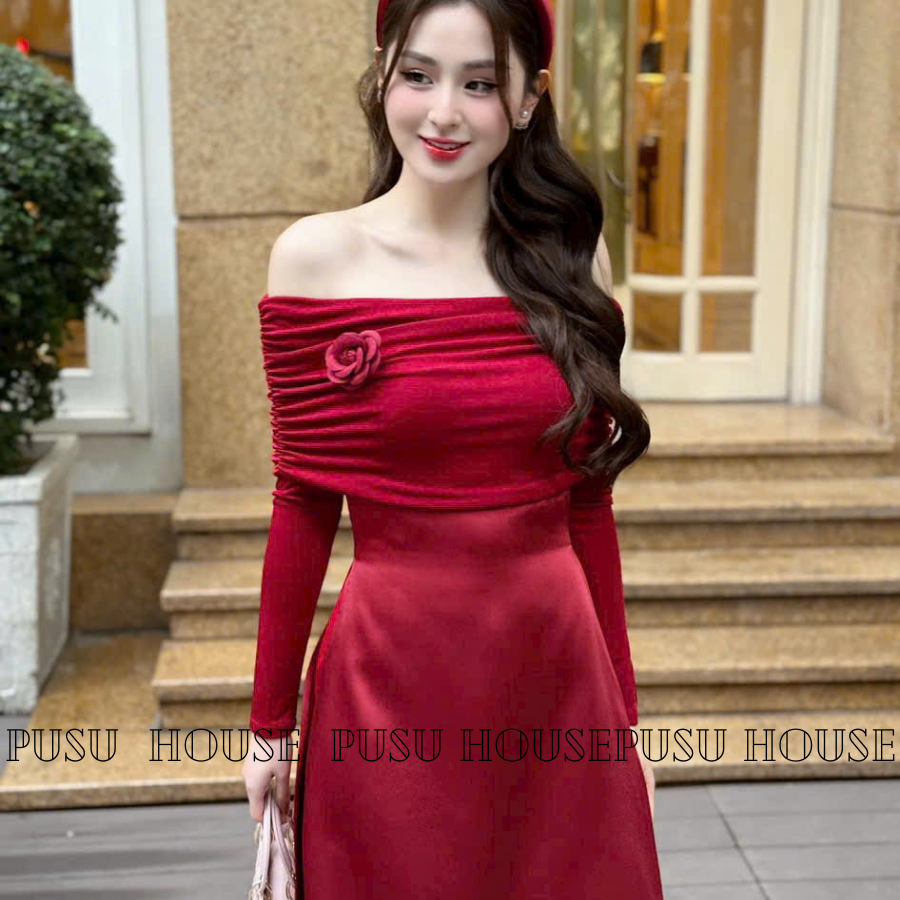 Set Áo Dài Cách Tân Trễ Vai Tay Dài Thun Ánh Kim Đỏ Đô SAng Trọng KÈM TAG Mặc Tết-PUSU HOUSE
