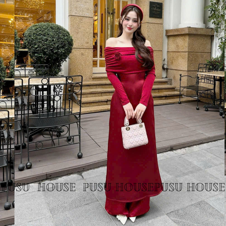 Set Áo Dài Cách Tân Trễ Vai Tay Dài Thun Ánh Kim Đỏ Đô SAng Trọng KÈM TAG Mặc Tết-PUSU HOUSE