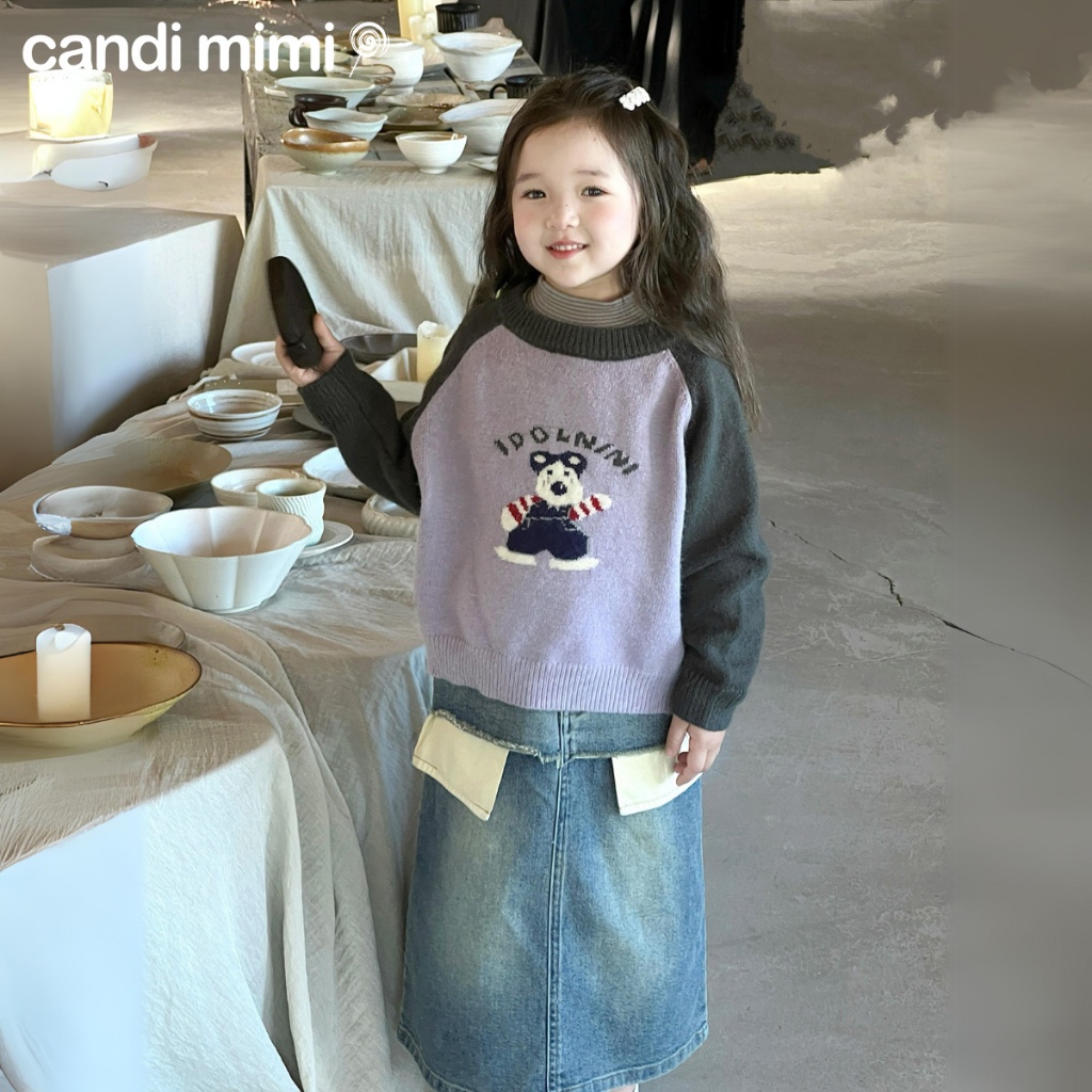CANDIMIMI Áo len sợi cao cấp hình gấu hoạt hình - Phong cách Hàn Quốc