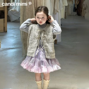 CANDIMIMI Áo khoác gile len cao cấp đính nơ - Phong cách Hàn Quốc