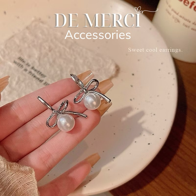 Khuyên tai nữ bạc 925 DE MERCI ACCESSORIES hình nơ ngọc trai sang trọng BT