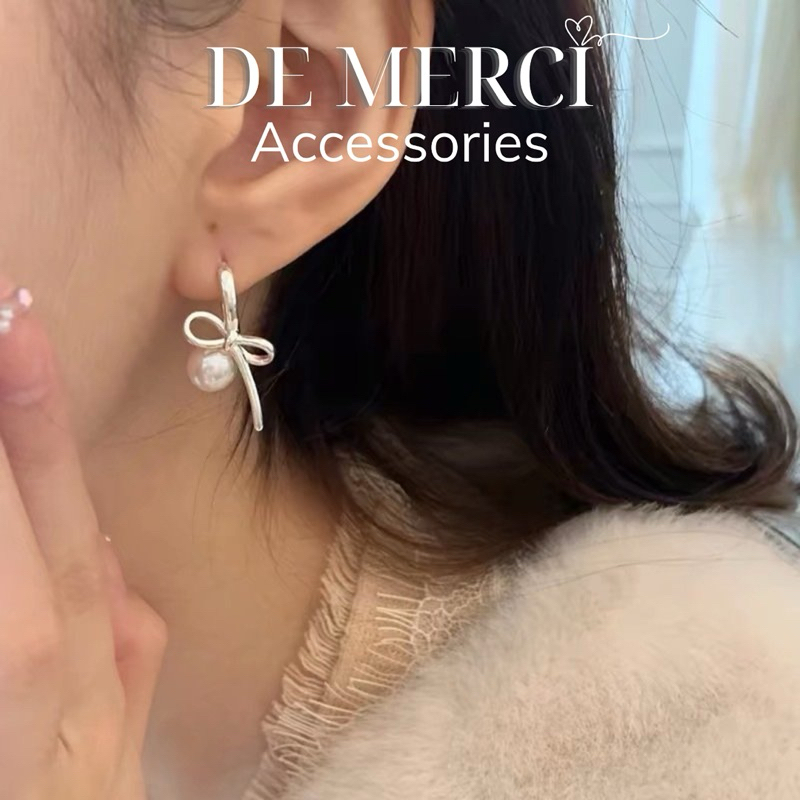 Khuyên tai nữ bạc 925 DE MERCI ACCESSORIES hình nơ ngọc trai sang trọng BT