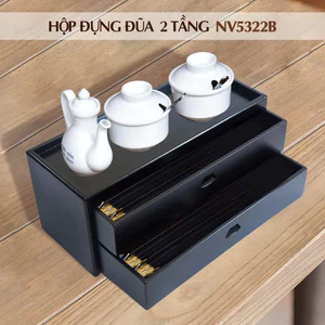 Hộp đựng đũa muỗng thìa bằng gỗ Sồi màu đen 2 tầng cho nhà hàng quán ăn Nhatvywood NV5322B