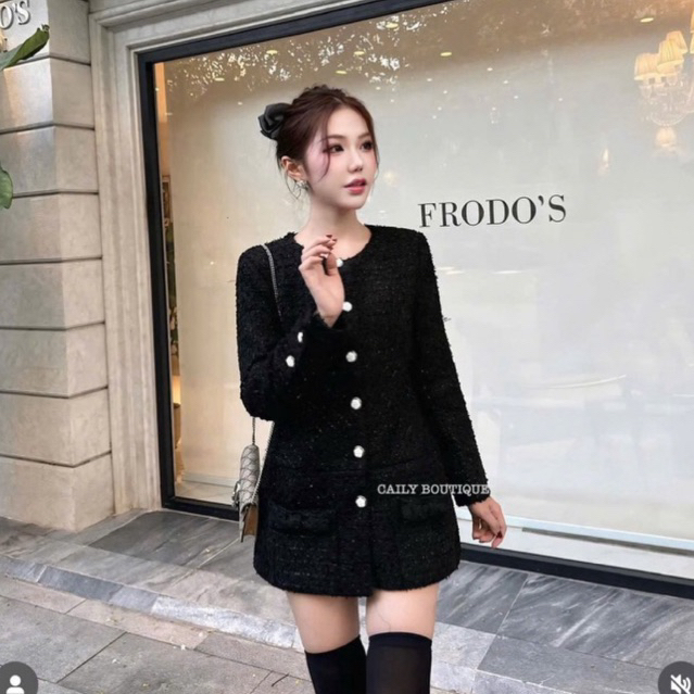 MIU.STUDIO •“Jolia dress” Váy dạ nữ dài tay đính khuy ngọc cao cấp, Áo dạ tweed có đệm vai phối túi đính nơ tiểu thư