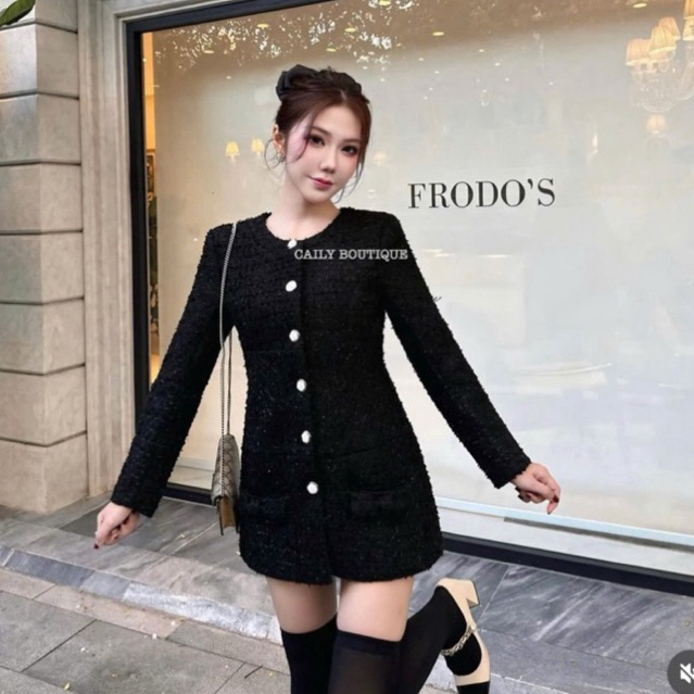 MIU.STUDIO •“Jolia dress” Váy dạ nữ dài tay đính khuy ngọc cao cấp, Áo dạ tweed có đệm vai phối túi đính nơ tiểu thư