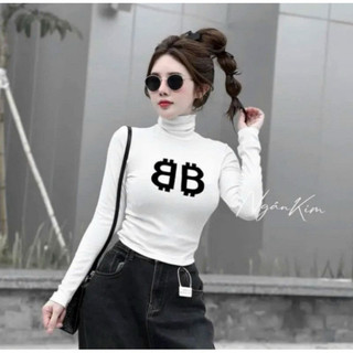 Áo thun croptop cổ lọ tay dài in hai chữ B B trắng xanh lá hồng chất thun tăm VANISA CT122