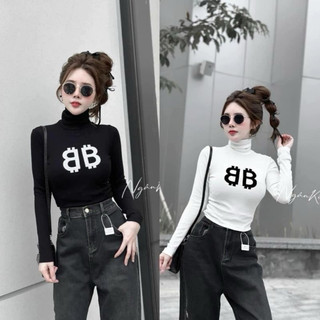 Áo thun croptop cổ lọ tay dài in hai chữ B B trắng xanh lá hồng chất thun tăm VANISA CT122