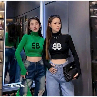 Áo thun croptop cổ lọ tay dài in hai chữ B B trắng xanh lá hồng chất thun tăm VANISA CT122