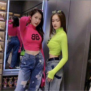 Áo thun croptop cổ lọ tay dài in hai chữ B B trắng xanh lá hồng chất thun tăm VANISA CT122