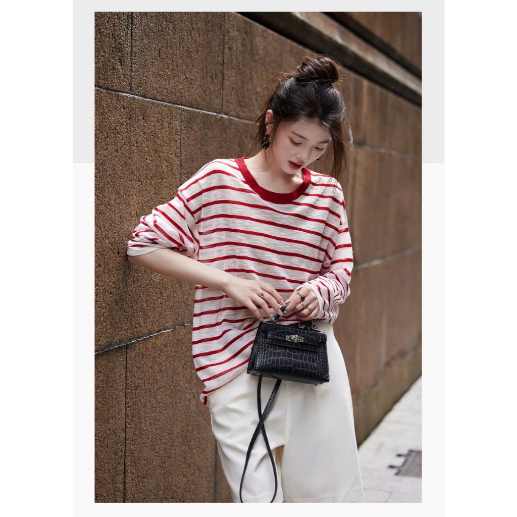 Áo thun dài tay sọc đỏ siêu xinh JULY FASHION, Áo thun tay dài nữ dáng rộng kẻ sọc đỏ hot trend Hàn Quốc, Thun xược mềm