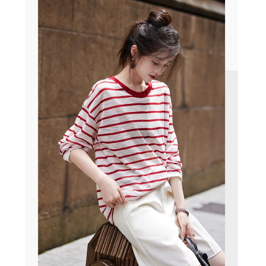 Áo thun dài tay sọc đỏ siêu xinh JULY FASHION, Áo thun tay dài nữ dáng rộng kẻ sọc đỏ hot trend Hàn Quốc, Thun xược mềm