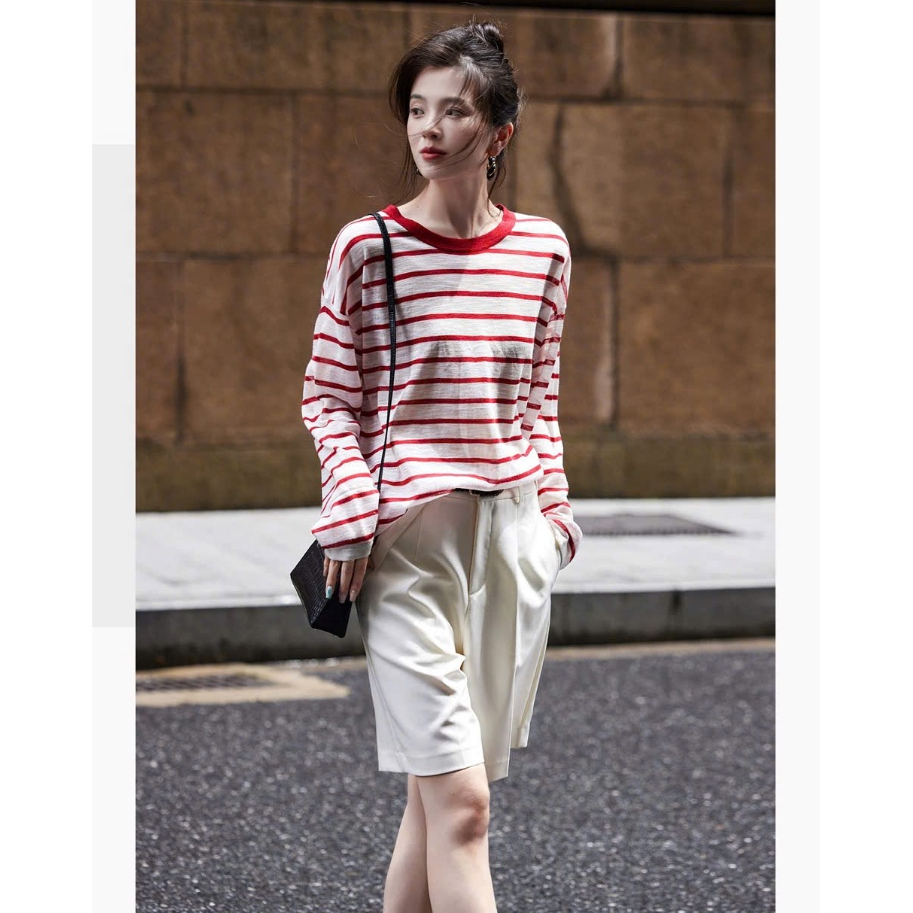 Áo thun dài tay sọc đỏ siêu xinh JULY FASHION, Áo thun tay dài nữ dáng rộng kẻ sọc đỏ hot trend Hàn Quốc, Thun xược mềm