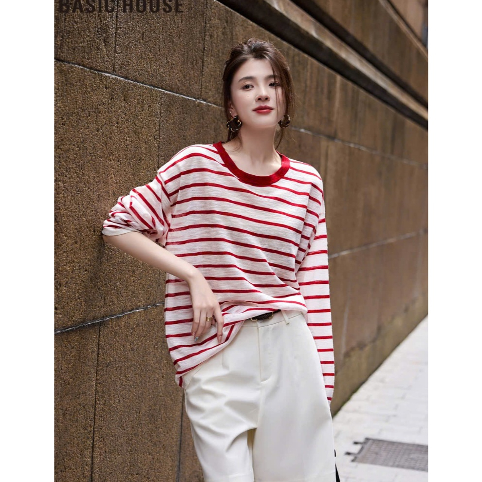 Áo thun dài tay sọc đỏ siêu xinh JULY FASHION, Áo thun tay dài nữ dáng rộng kẻ sọc đỏ hot trend Hàn Quốc, Thun xược mềm