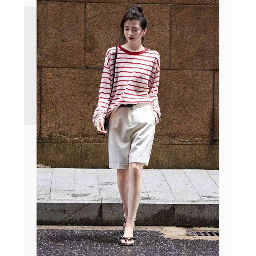 Áo thun dài tay sọc đỏ siêu xinh JULY FASHION, Áo thun tay dài nữ dáng rộng kẻ sọc đỏ hot trend Hàn Quốc, Thun xược mềm