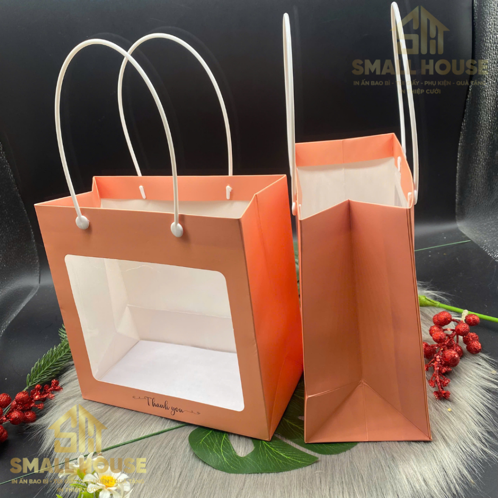 set 5 Túi giấy cam hồng mặt kính đựng quà tặng, yến, saffron thực phẩm
