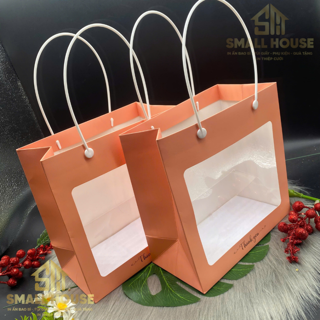 set 5 Túi giấy cam hồng mặt kính đựng quà tặng, yến, saffron thực phẩm