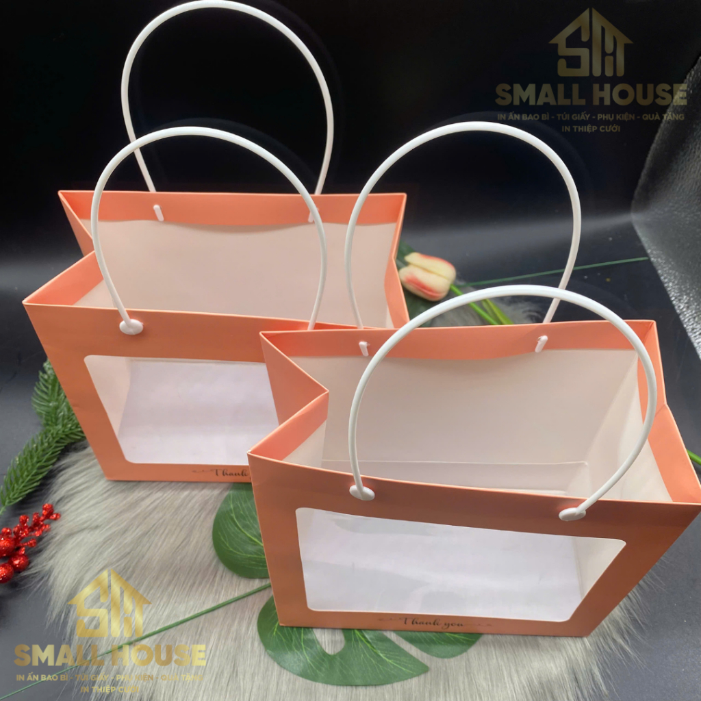 set 5 Túi giấy cam hồng mặt kính đựng quà tặng, yến, saffron thực phẩm