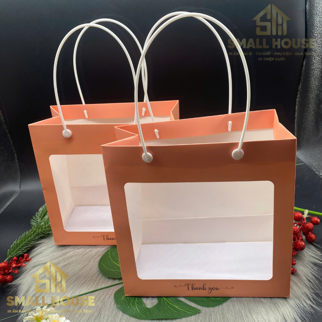 set 5 Túi giấy cam hồng mặt kính đựng quà tặng, yến, saffron thực phẩm
