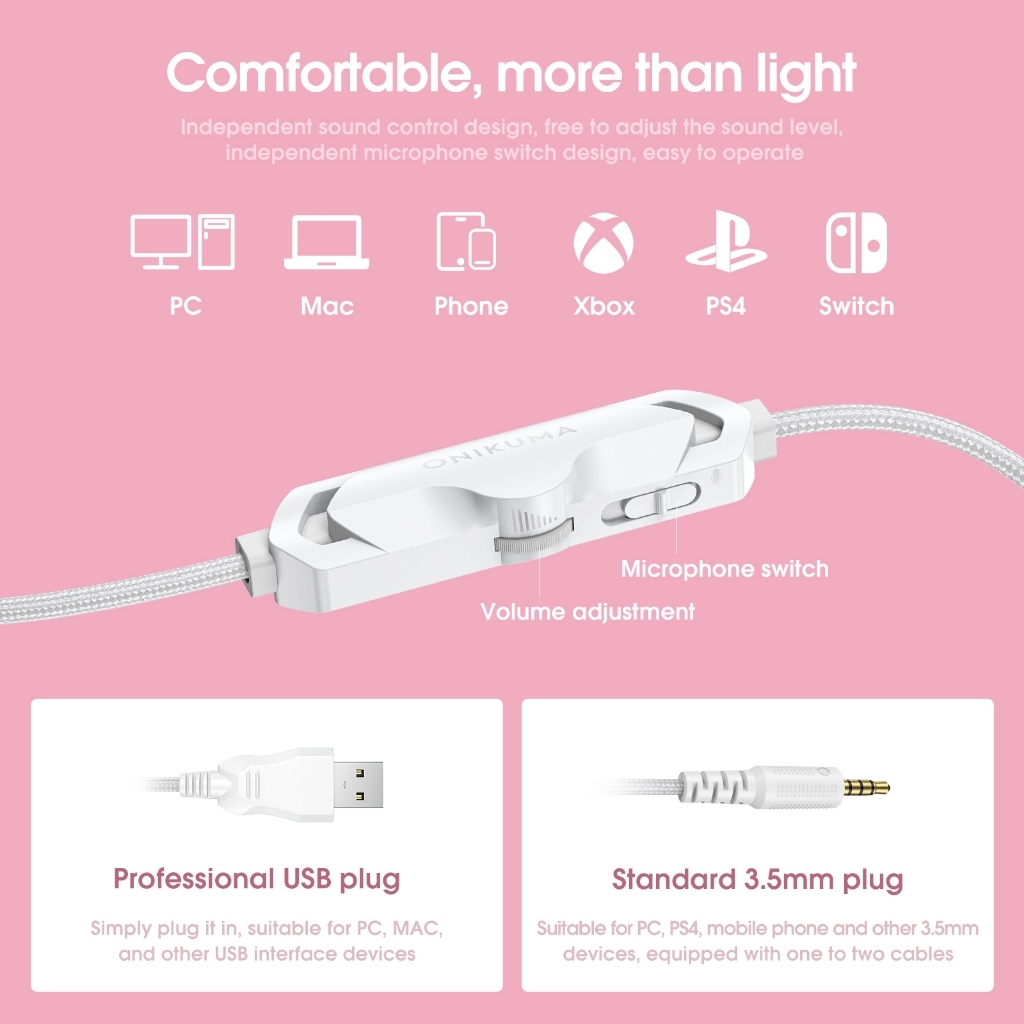 Tai nghe Gaming tai mèo ONIKUMA X10  - Cắm dây jack 3.5mm - Đèn led RGB magic - Micro giảm ồn
