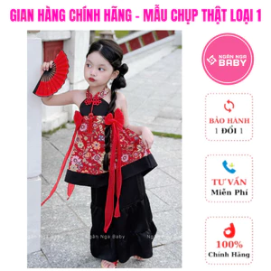 Set yếm kiều xuân NGÂN NGA BABY phối 2 nơ đỏ độc đẹp lạ, Bộ quần áo cotton hoa lụa xịn cho bé gái