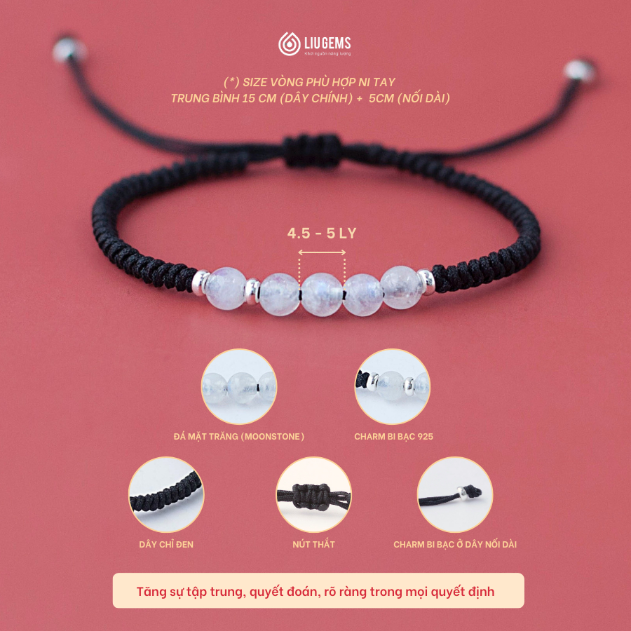 Vòng Tay Chỉ Đen 5 Hạt Đá Phong Thuỷ Liugems Nam Nữ Mang Năng Lượng May Mắn, Sự Tự Tin, Lạc Quan CD05