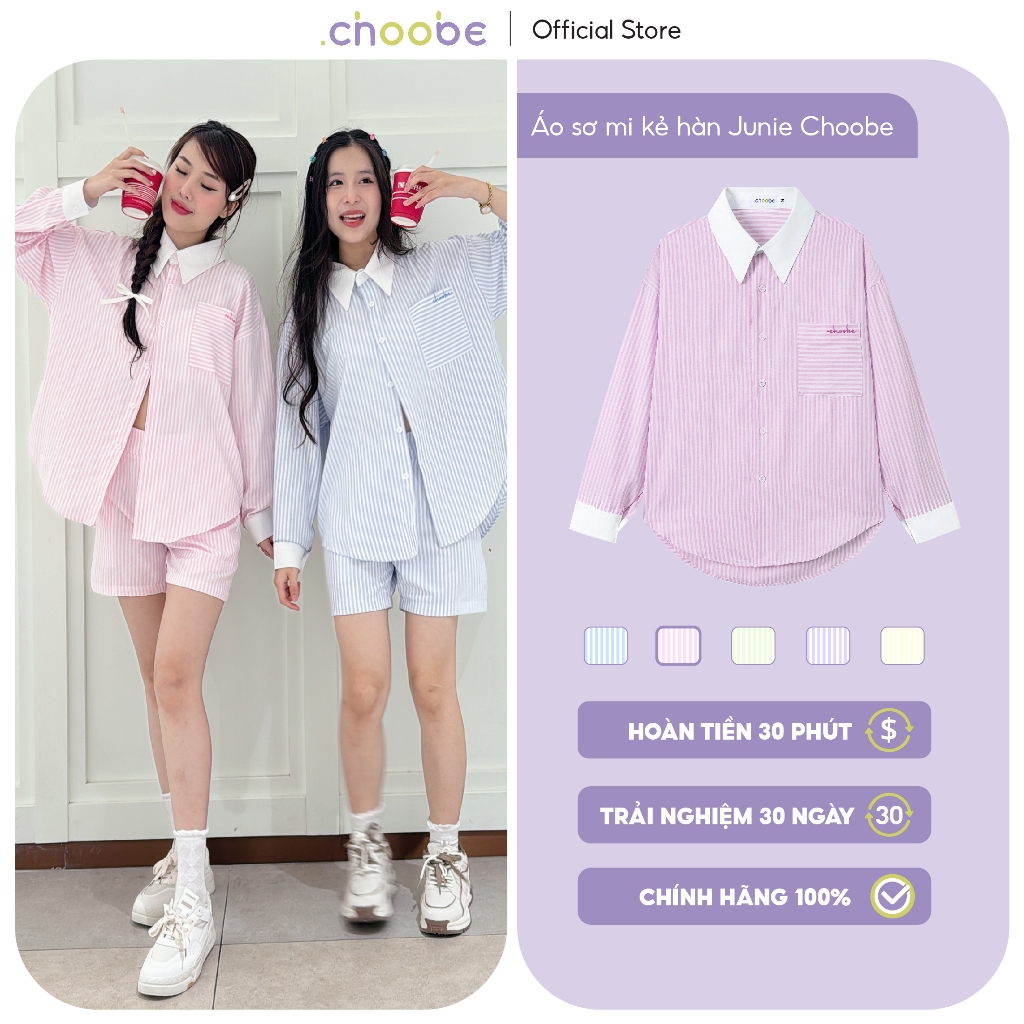 Ảnh Áo sơ mi nữ Choobe oversize kẻ sọc chất liệu kate Hàn cotton hoạ tiết thình thêu trẻ trung ASM08 1