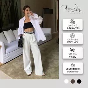 Quần suông ống rộng cạp trễ ngang rốn PHƯƠNG QUÝ xu hướng quần tây nữ công sở chất liệu vải chéo hàn cao cấp