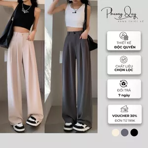 Quần ống suông nữ, quần ống rộng cạp cao, chất liệu vải trượt hàn cao cấp không nhăn