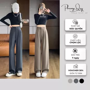 Quần suông ống rộng nữ, cạp cao chất liệu trượt hàn cao cấp không nhăn phù hợp công sở hoặc đi chơi