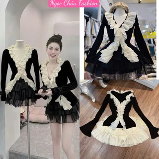 (Dưới 52kg) Set váy nữ áo phối bèo tiểu thư tay dài loe+chân váy voan tơ ánh kim <52kg